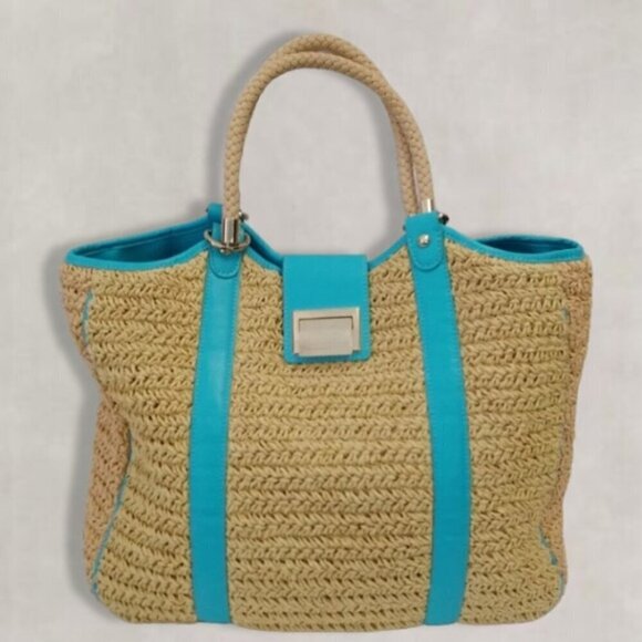 Talbots Woven Tote Bag 100% Paper Straw Leather Trim Gold Hardware Teal & Beige - Picture 2 of 12